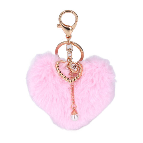 Porte-clés pompon en forme de cœur - 10  7 cm - rose - 1 pièce 1