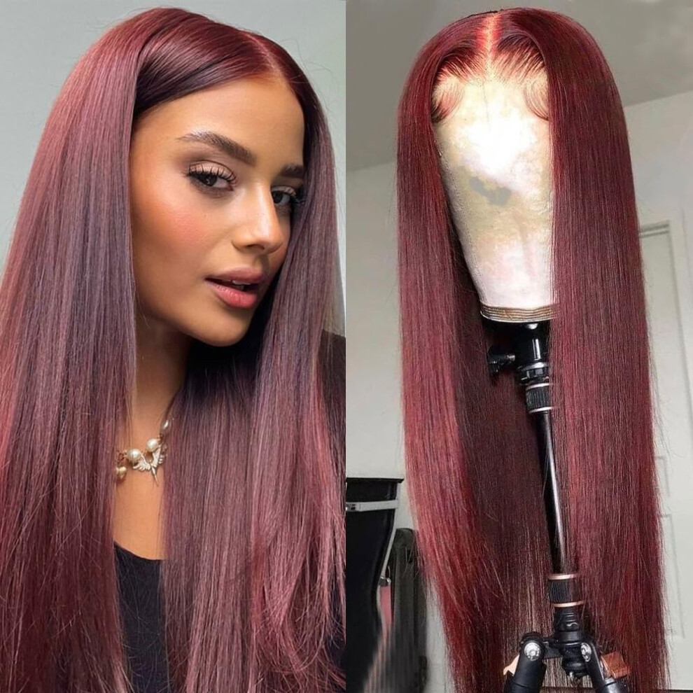 Unisex Black,Red 13X6 Burgundy Straight Synthetic Lace Front Wigs Glueless Heat Resistant Pre Plucked Frontal Wigs For Black Women