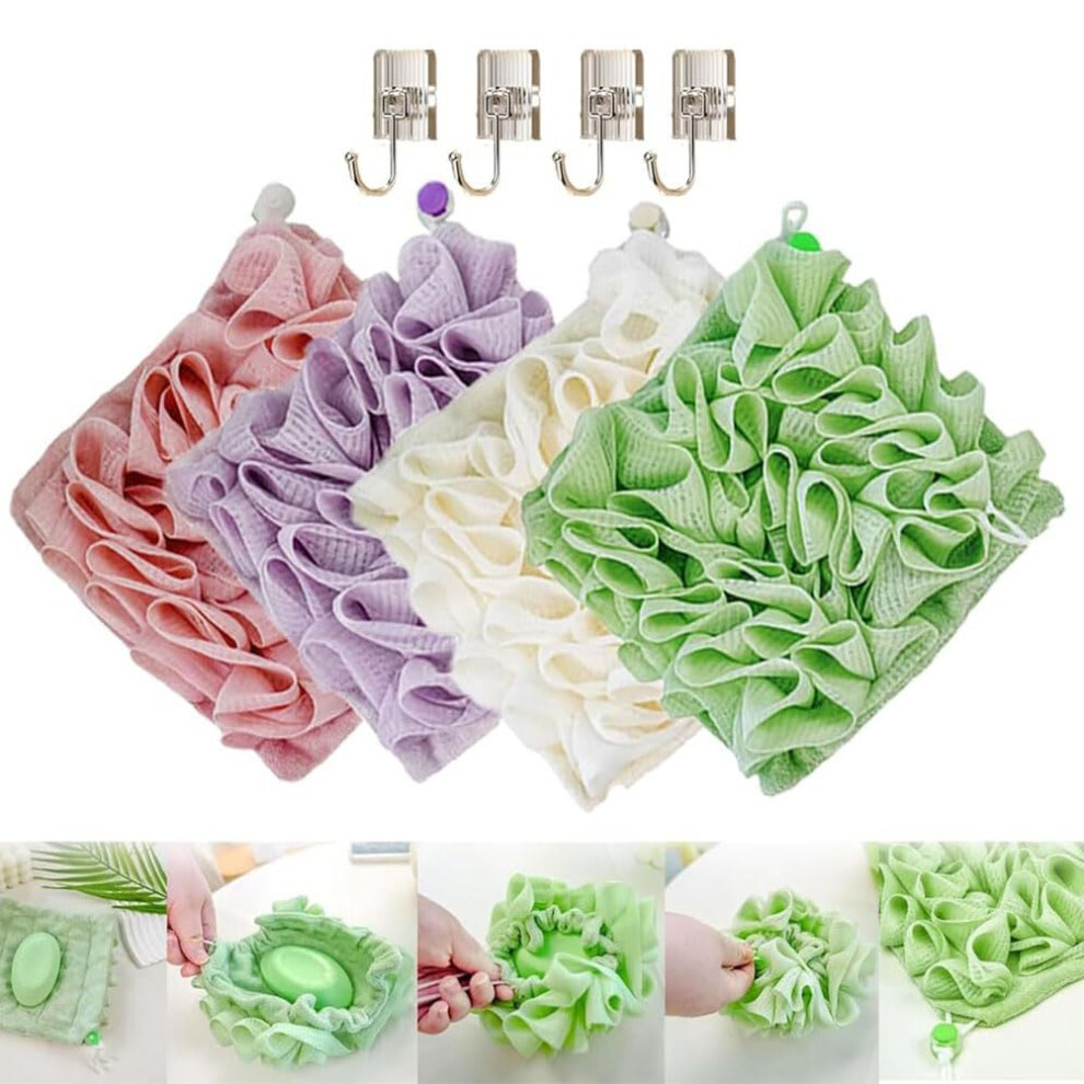 Washcloth Loofah Combo Set, Soft 2 In 1 Bath Loofah Sponge, 4PCS Washcloth Luffa for Bar Soap, Gentle Exfoliating Scrub