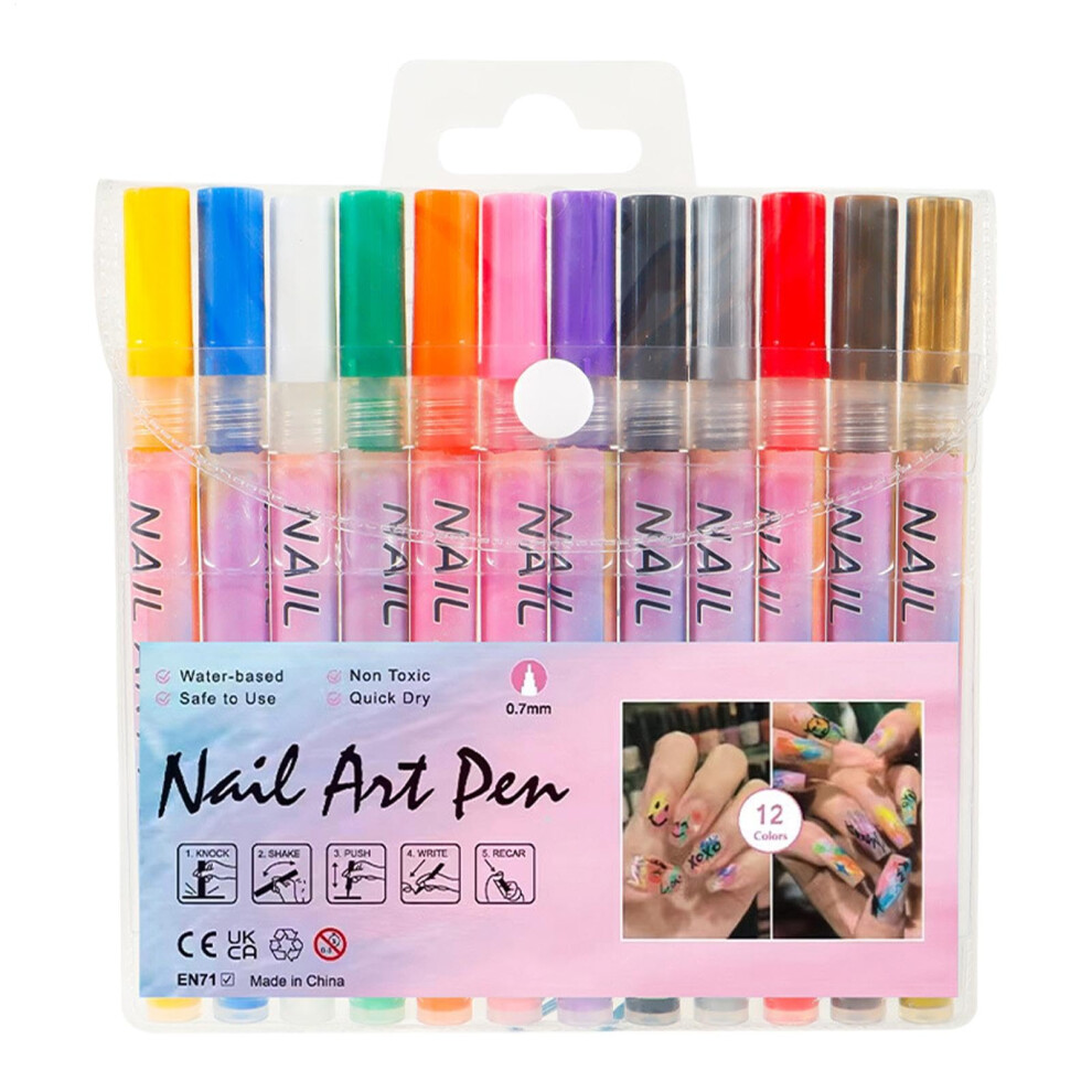Nail Painting Pens Set, 12 Waterproof Colors for Nail Art, Fine Tip Detail Markers for Intricate Designs on Toes and Nails