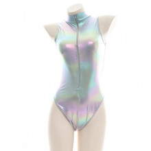 Women Bodysuit Stand Collar Zipper Closure Sleeveless Skinny Glossy Off Shoulder Slim Fit High Waist Elastic Bedroom Nightclub Party Bodysuit