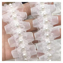 Appliques Embroidery White Pearls Flower Tulle Lace Fabric Trim Ribbon Ruffle Collar for Dresses Guipure Decor