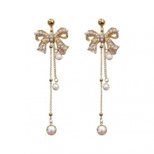 1 Pair Women Long Earrings Faux Pearl Bow Decor Chain Tessel Shiny Rhinestone Anti-allergy Lightweight Stainless Luxury Prom Party Hanging Earrings
