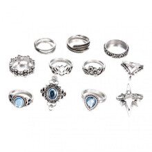 11Pcs/Set Retro Flower Carved Pattern Knuckle Rings Hollow Out Faux Gem Inlaid Silver Color Rings Set