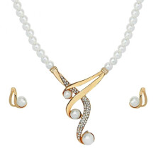 Hook Shape Pendant Faux Pearl Beaded Necklace Earrings Bridal Party Jewelry Set
