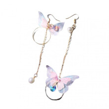 1 Pair Round Chain Tassel Piercing Drop Earrings Retro Asymmetric Butterflies Imitation Pearl Earrings Jewelry Accessories