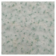 Light Luxury Gauze Fabric with Three-Dimensional Ribbon and Bead Embroidery, Sequins - 1 Yard, Green Color