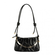 Women Shoulder Bag Faux Leather Chain Bead Decor Smooth Zipper Closure Pleated Adjustable Glossy Large Capacity Handbag