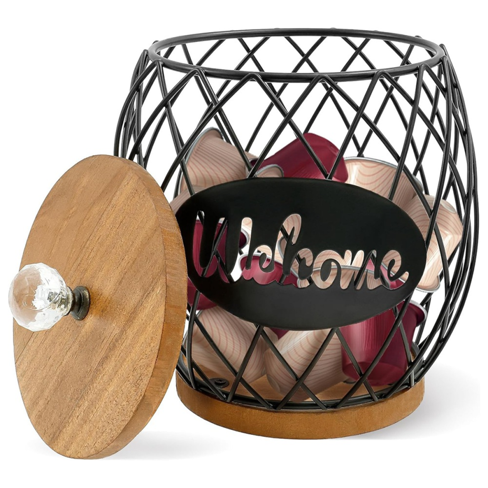 Porta Cialde Da CaffÃ¨ Con Coperchio, Cestello Portaoggetti Di Grande CapacitÃ , Ferro Rotondo-image