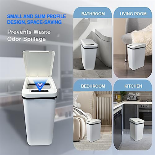 Automatic Touchless Bathroom Trash Can with Lid White Slim Narrow Plas 2