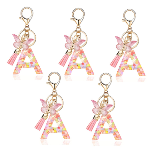 Chaveiro de letra rosa da moda tipo A com pingente de cristal epóxi e borboleta