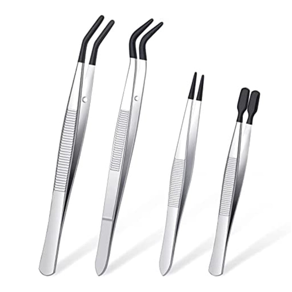 Typecat 4 Pieces Tweezers Set With Rubber Tips Pvc Coated Tweezers, Fine Point