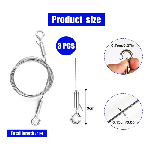 3Pcs Adjustable Wire Ropes with Hooks, Stainless Steel Picture Hanging 2
