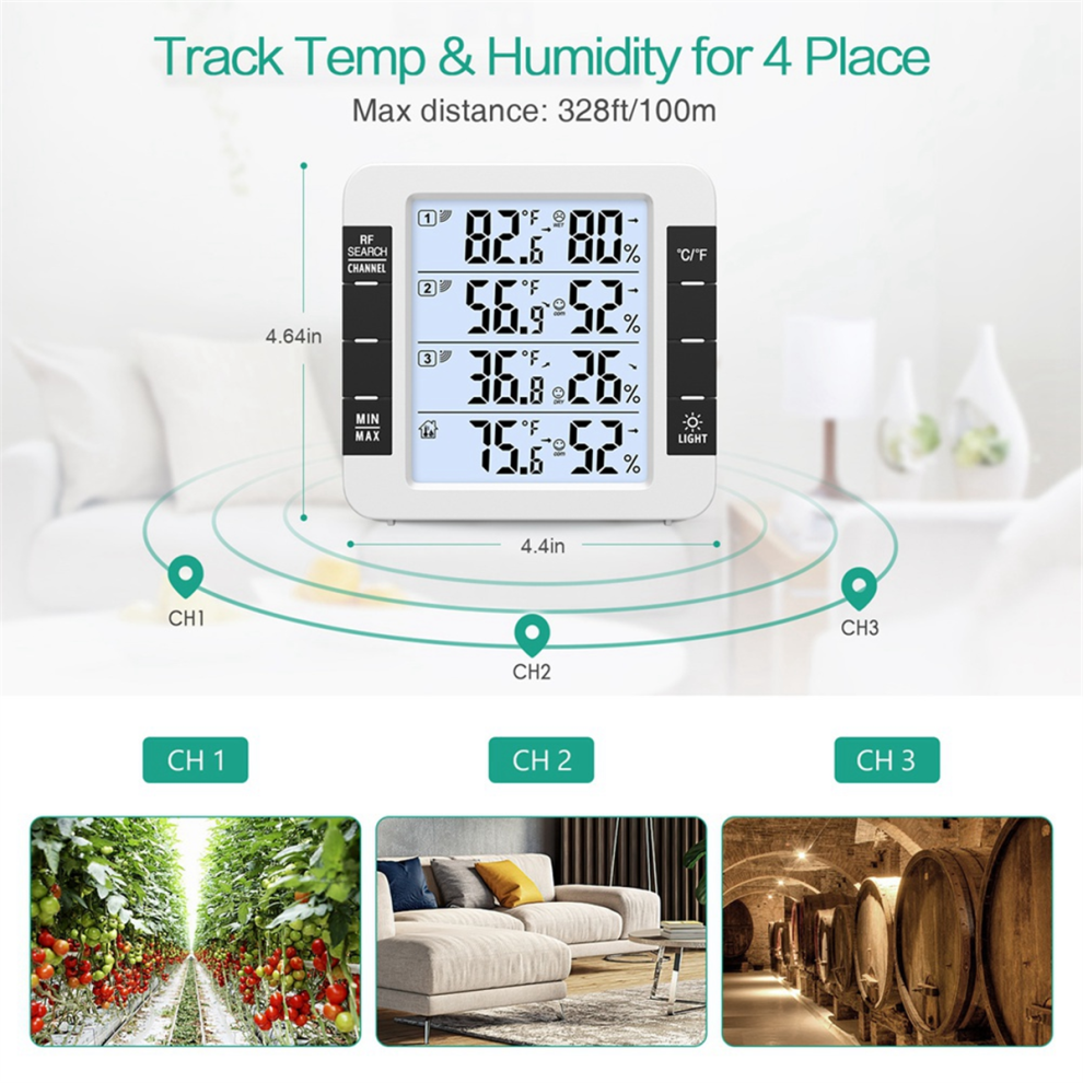 Thermomètre Hygromètre Sans Fil Avec 3 Capteurs - Mesure Température/humidité Intérieur/extérieur, Portée 60m, écran LCD