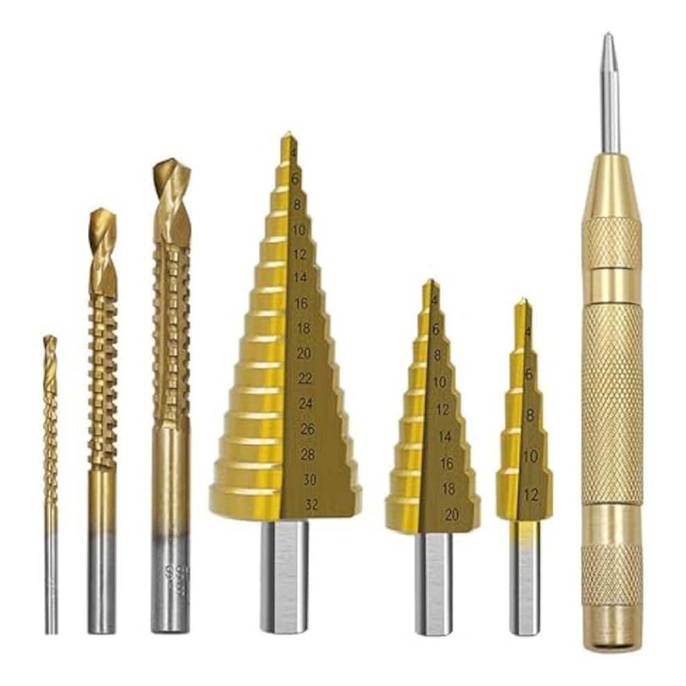 7Pcs Step Drill Groove Saw Set,Groove Drill,Step Up Bits,Spiral Cone S 4852641489654