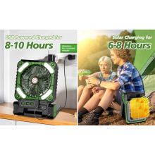 Solarbetriebener Campingventilator mit LED-Laterne, 4 Geschwindigkeiten, 90 klappbar, tragbar