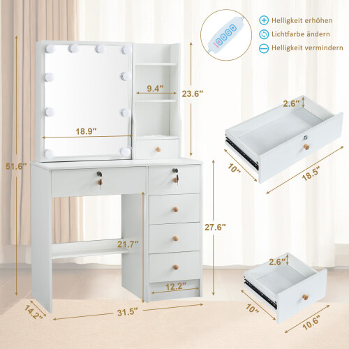 Hollywood Makeup Vanity Table Stool Set w/ LED Bulbs & Sliding Mirror 2