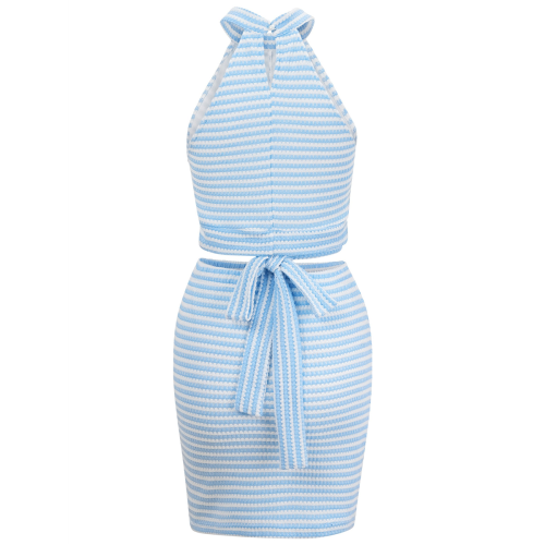 Sleeveless Backless Two Piece Suit Blue and White XL 2