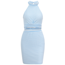 Sleeveless Backless Two Piece Suit Blue and White XL