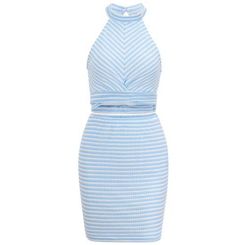 Sleeveless Backless Two Piece Suit Blue and White XL