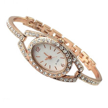 Women\\'s Fashion Minimalism Shiny Rhinestone Golden Tone Stainless Steel Wrist Watch