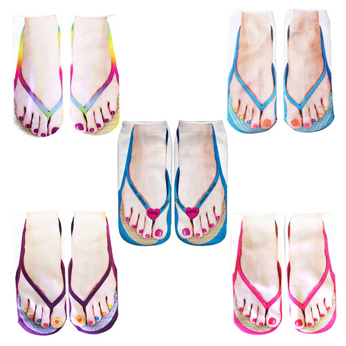 5 Pair Flip Flop Socks 3D Pattern Manicure Print Funny Hidden Comfort