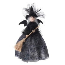 Halloween Witch Decoration 11 Inches Doll Veil Hat and Broom Black