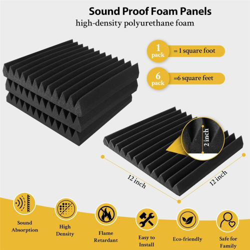 Pacote com 6 painéis de espuma à prova de som 2 x 12 x 12 polegadas autoadesivos de alta densidade 2