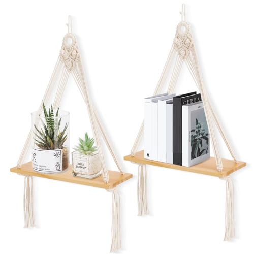 Macrame Wall Hanging Shelf Set of 2,Boho Wooden Display Floating Shelv 1