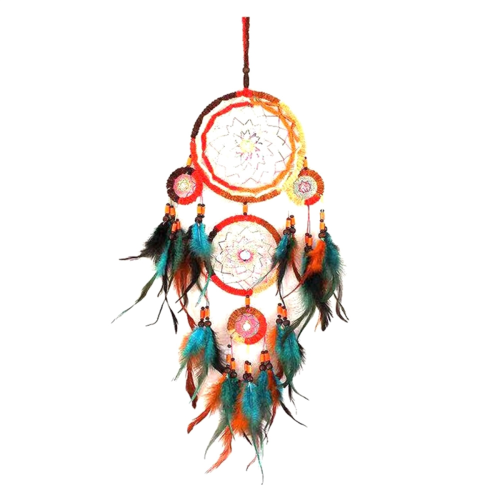 Handwoven Five Ring Colorful Feather Dream Catcher Net, Wall Decoratio