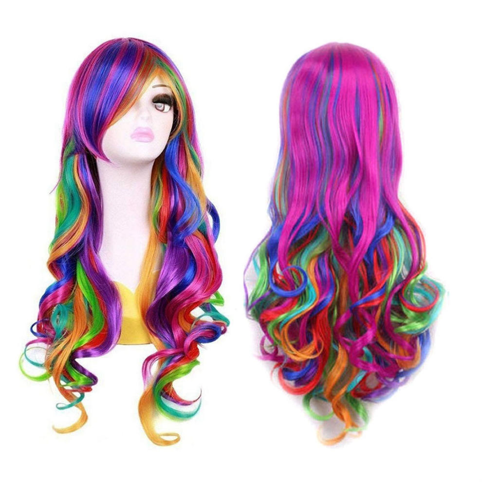 Typecat Unisex Lady Rainbow Long Curly Wigs Fashion Cosplay Costume Hair Anime Full W