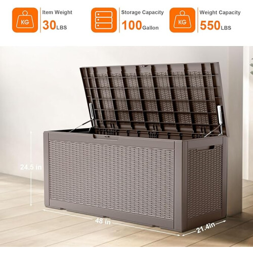 100 Gallon Resin Deck Box, Lockable Patio Outdoor Storage Box  - Grey 1