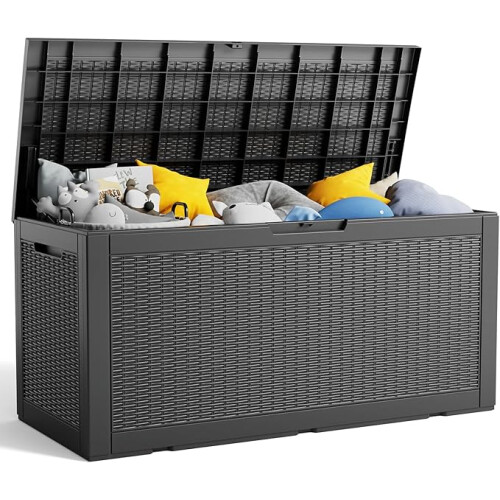 100 Gallon Resin Deck Box, Lockable Patio Outdoor Storage Box  - Grey