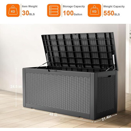 100 Gallon Resin Deck Box, Lockable Patio Outdoor Storage Box  - Grey 1