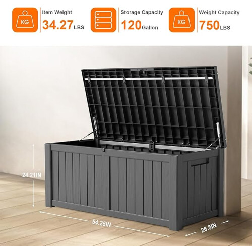 120 Gallon Resin Deck Box, Lockable Patio Outdoor Storage Box - Black 2