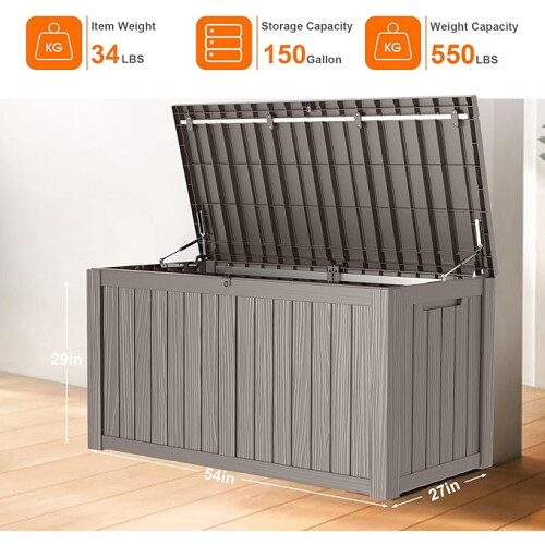 150 Gallon Resin Deck Box, Lockable Patio Outdoor Storage Box - Grey 2