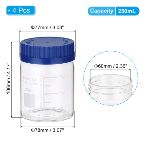 4 Pack Reagent Media Storage Bottles, 250ml Borosilicate Glass Wide Mo 2