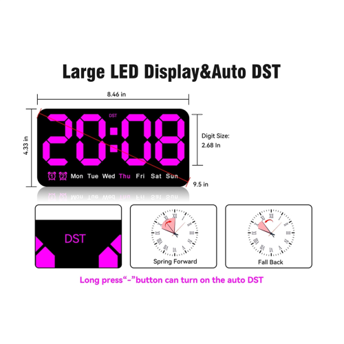 Large Digital Wall Clock,9.5 Inch,Led Alarm Clock with Big Digits,DST, 2