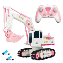1:24 Pink Alloy Excavator RC Engineering Vehicle with 6 Channels, Lights, Music, and 2.4G Remote Control Toy Set