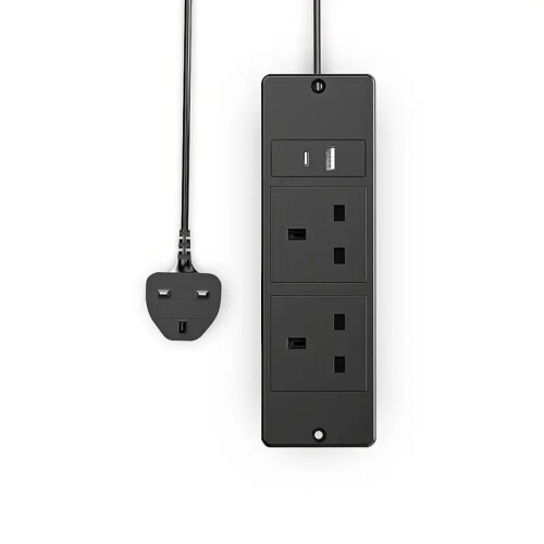 UK Plug Black Recessed Power Strip, 2 UK Outlets + USB-C/USB-A 2