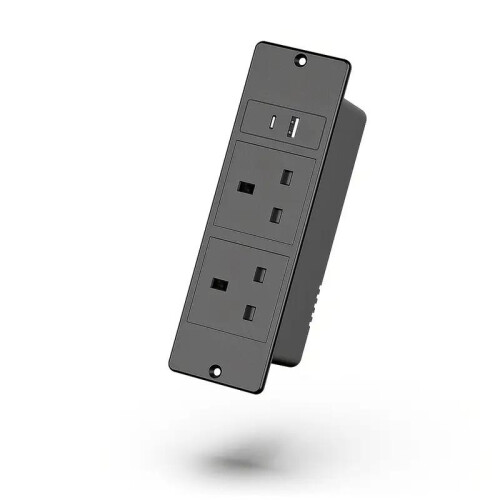 UK Plug Black Recessed Power Strip, 2 UK Outlets + USB-C/USB-A 1