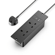UK Plug Black Recessed Power Strip, 2 UK Outlets + USB-C/USB-A