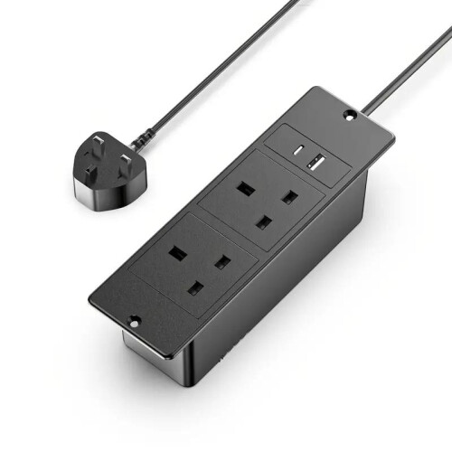 UK Plug Black Recessed Power Strip, 2 UK Outlets + USB-C/USB-A