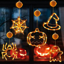 Halloween Decorations,5 Pack of Orange Pumpkin,Spider,Cobweb,Ghost and Witch Hat,Halloween Window Lights with Suction Cup,Battery Operated Indoor Wind
