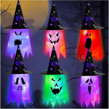 Halloween Decoration Outdoor, 6 Pcs Halloween Witch Hat Lights, Hanging Lighted Glowing Witch Hats, Halloween Lights String for Indoor, Outdoor, Yard,
