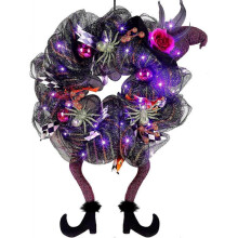 Halloween Wreath, 30 LED Purple Lighted Front Door Wreath with Witch Hat Leg Mesh Decor, Battery Operated Halloween Wired Ribbon Wreath Artificial Doo