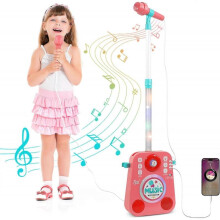 Kids Karaoke Machine with 2 Microphones and Adjustable Stand, Music Sing Along with Flashing Stage Lights, Portable Children Karaoke Speaker Voice Cha