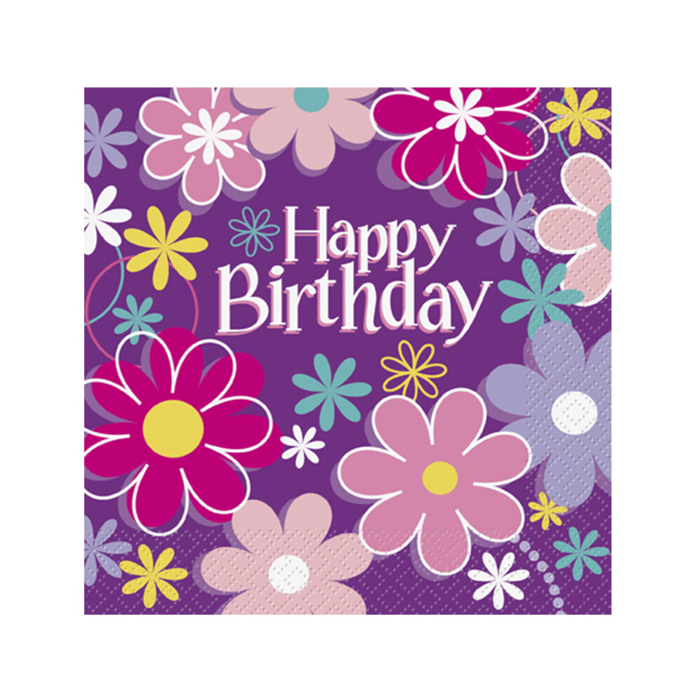 Rubies 16 Happy Birthday Flowers Paper Napkins 33 X 33 Cm