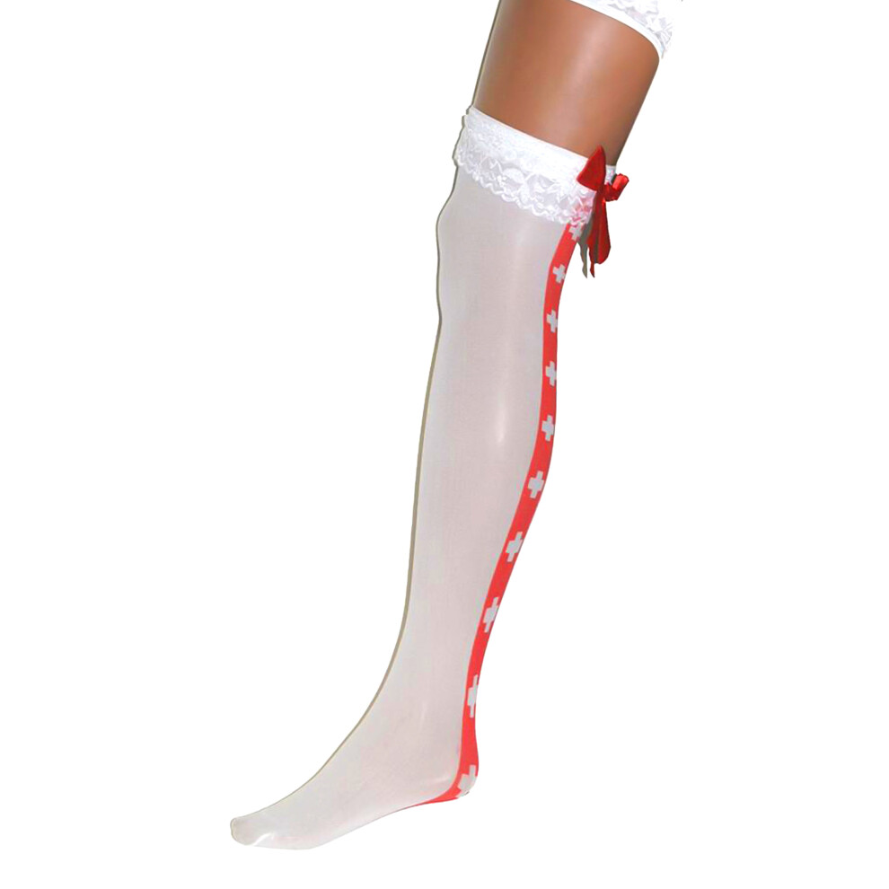 Rubies Over The Knee Stockings - Nurse, Red Crosses Down Back White