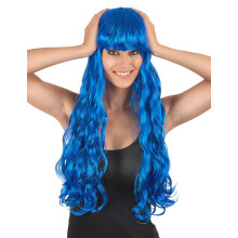 Long wavy blue wig with bangs for women
